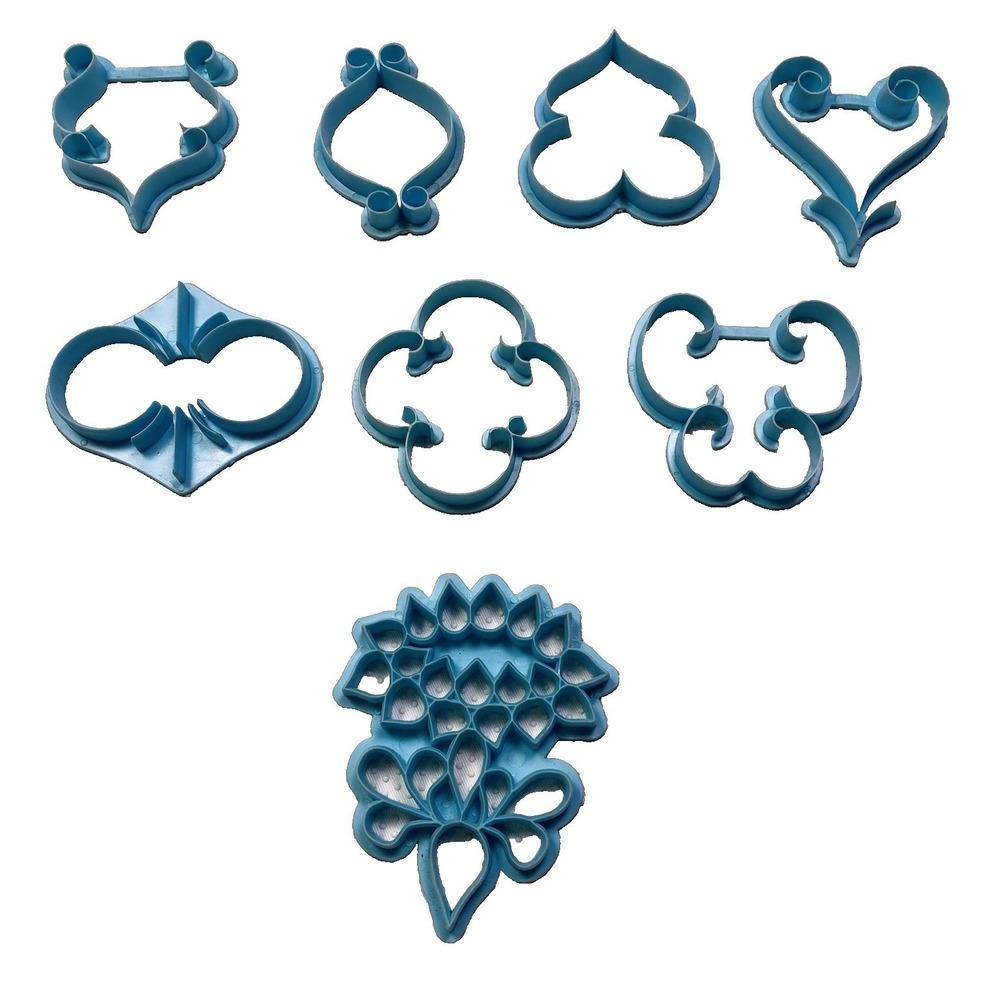 Wilton 1972 Vintage Aquamarine Blue Filigree Fondant Cookie Press Tools Set of 8